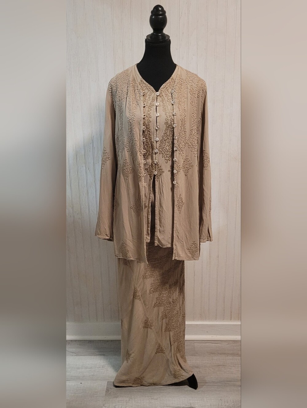 Vintage Ghost RTW Charleston Beige Embroidered 3-Piece Maxi Set Size M/3